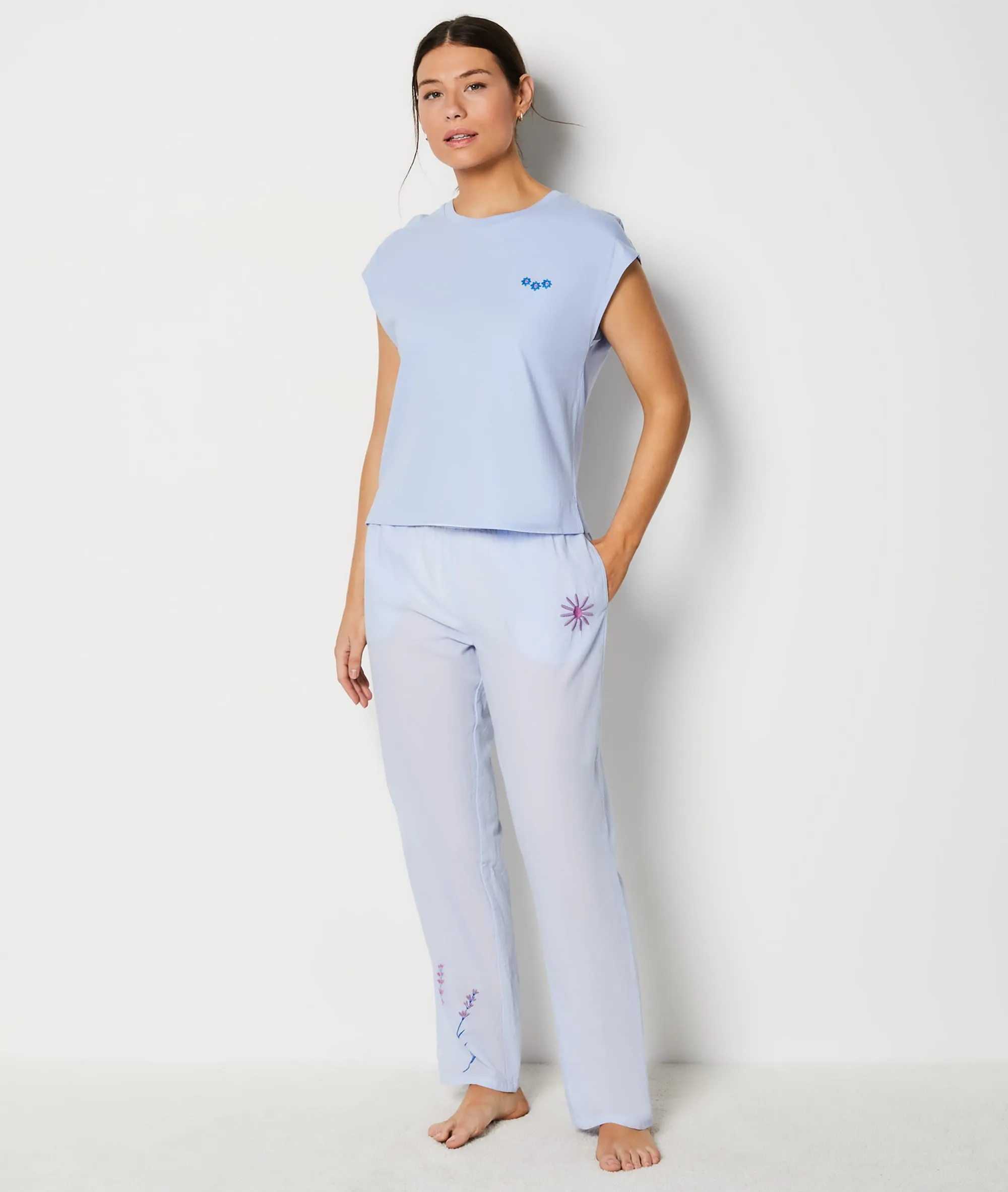 Camiseta de algodón motivo flor bordada BEGONIA LILAS - ETAM